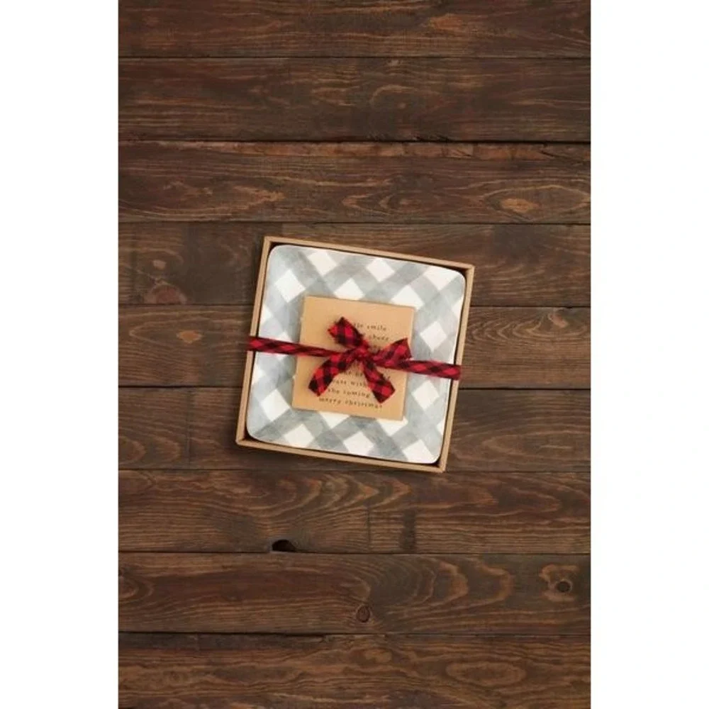 New Mud Pie holiday Gray Buffalo Plaid Cheese Plate Set in original packaging